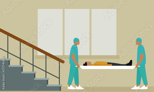 Two male orderlies are holding a stretcher with a female character near the stairs