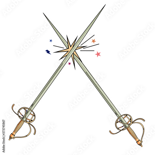 Vector illustration of two swords clashing isolated on white. Ideal design for chivalry and adventure comics.