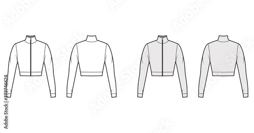 Zip-up cropped turtleneck jersey sweater technical fashion illustration with long sleeves, close-fitting shape. Flat jumper apparel template front back white grey color. Women men unisex shirt top CAD