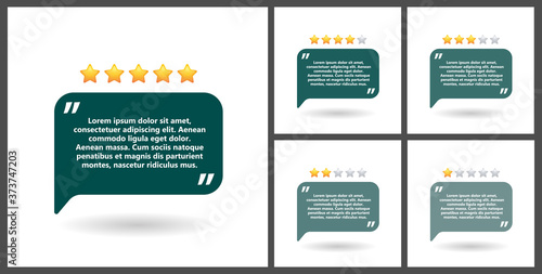 Set of blocks of quotes for statements or comments on a white background. Speech bubble templates with space for text and five stars, number of reviews.   photo