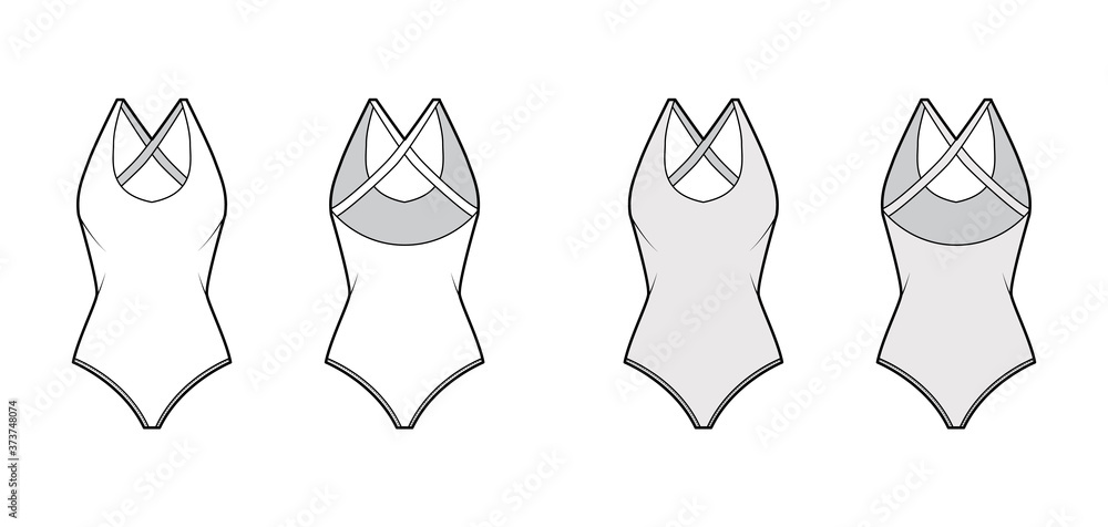 Stretch bodysuit technical fashion illustration with deep U-neckline, slim crisscross straps at scooped back. Flat outwear one-piece template front back white grey color. Women men unisex swimsuit CAD
