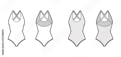 Stretch bodysuit technical fashion illustration with deep U-neckline, slim crisscross straps at scooped back. Flat outwear one-piece template front back white grey color. Women men unisex swimsuit CAD