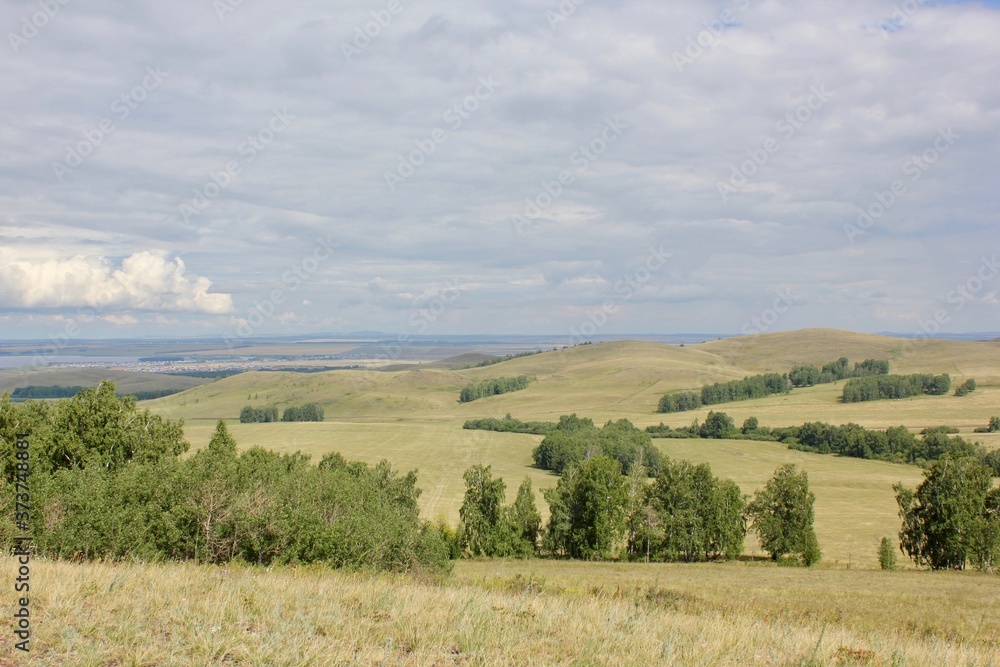 Perfect mountain landscape with lakes forests fields somewhere in Russia South Urals Tranquillity