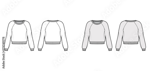 Cotton-terry sweatshirt technical fashion illustration with relaxed fit, scoop neckline, long raglan sleeves, ribbed trims. Flat jumper template front back white grey color. Women, men unisex top CAD