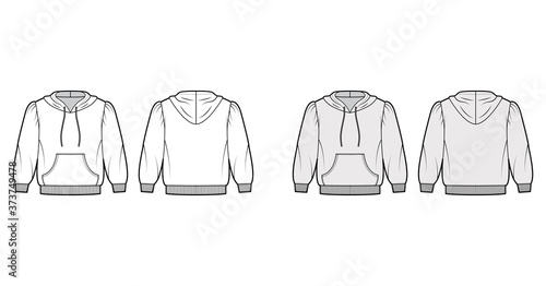 Cropped cotton-jersey hoodie technical fashion illustration with loose fit, puffed shoulders, elbow sleeves, pocket. Flat jumper template front back white grey color. Women men unisex sweatshirt top