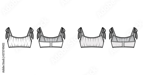 Cropped gathered at the front Bra top technical fashion illustration with ties at shoulders, back hook fastenings. Flat swimwear lingerie template front back white grey color. Women men underwear CAD