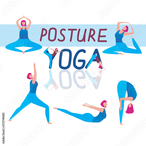 Infographics with yoga poses and girl as health, sport concept, flat vector stock illustration or infographics with yoga for posture