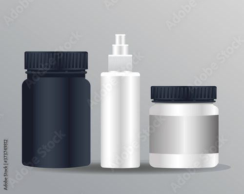 pots products and splash bottle branding isolated icons