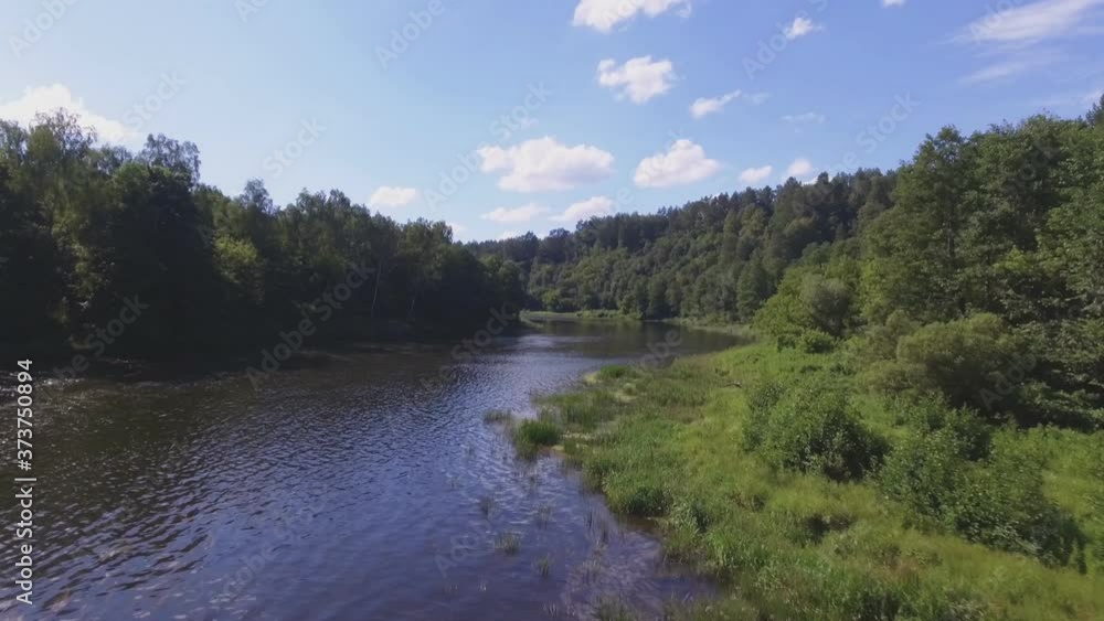Three Brothers Stones in the Neris River on a Sunny Summer Day. Aerial Flying Low Forward Three Brothers Stones in the Neris River on a Sunny Summer Day. Aerial Flying Low Forward