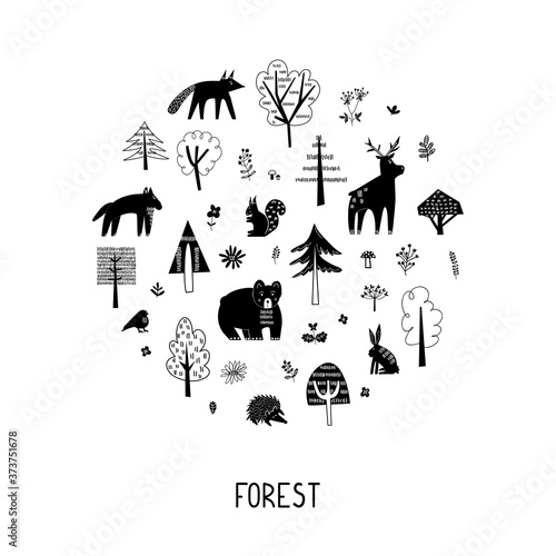 Vector collection of forest animals and plants. Cartoon black and white flat illustration