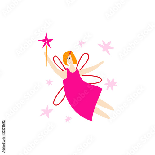 Vector illustration with flat fairy on white background. Childish fairytale character