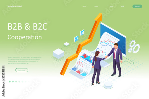 Isometric Business to Business Marketing, B2B Solution, business marketing concept. Two business partners shaking hands.