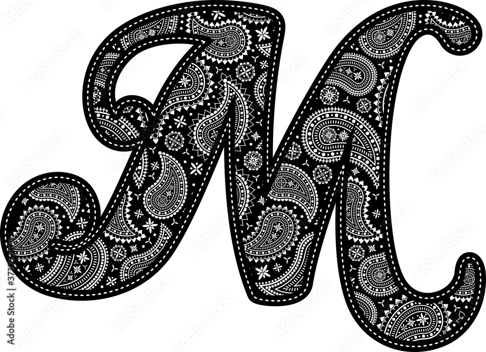 Obraz premium capital letter M with paisley pattern design. Embroidery style in black color. Isolated on white