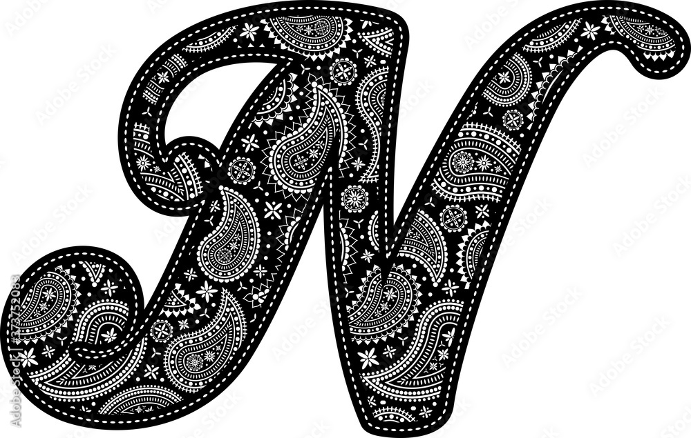 capital letter N with paisley pattern design. Embroidery style in black color. Isolated on white