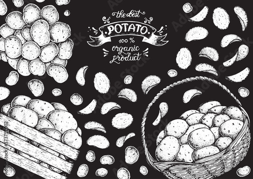 Potato chips vector illustration. Basket and bag of potatoes. Hand drawn. Engraved style illustration. Packaging design.