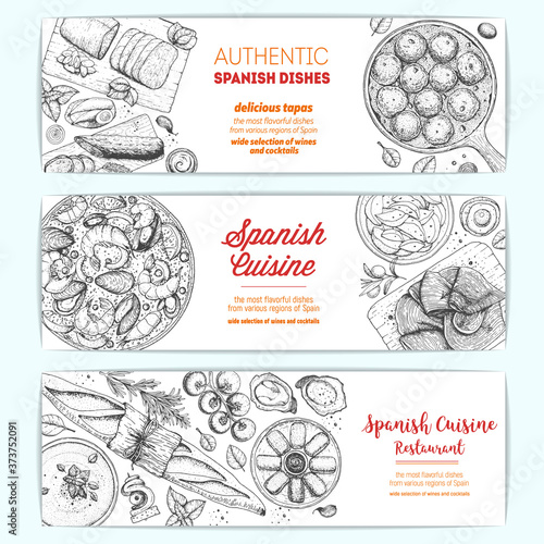 Spanish cuisine banner collection. Set spanish dishes with albondigas, mojama, bocadillo, paella. Food menu design template. Vintage hand drawn sketch vector illustration. Engraved image