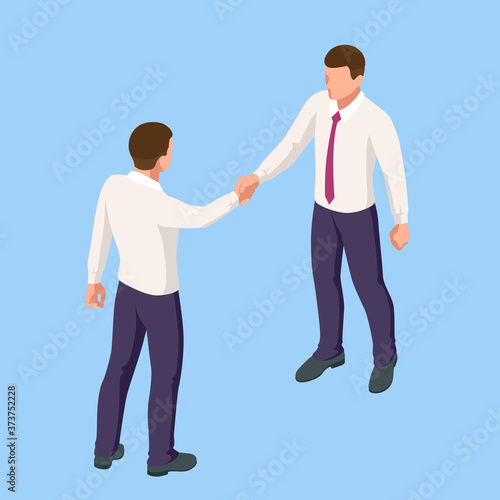 Isometric Business to Business Marketing, B2B Solution, business marketing concept. Two business partners shaking hands.