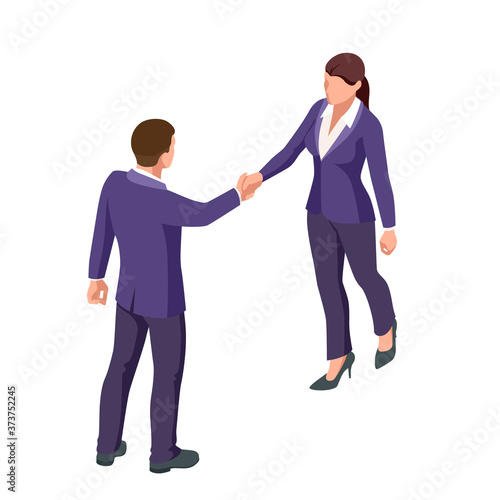 Isometric Business to Business Marketing, B2B Solution, business marketing concept. Two business partners shaking hands.