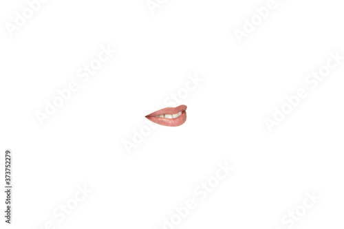 Close-up view of female mouth wearing lipstick isolated on white studio background. Emotions showing, copyspace ready for advertising or design. Expression, beauty, sensuality, fashion concept.