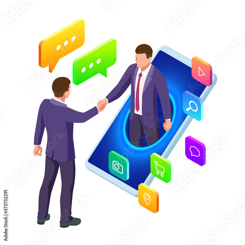 Isometric Business to Business Marketing, B2B Solution, business marketing concept. Two business partners shaking hands.