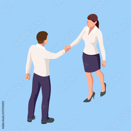 Isometric Business to Business Marketing, B2B Solution, business marketing concept. Two business partners shaking hands.