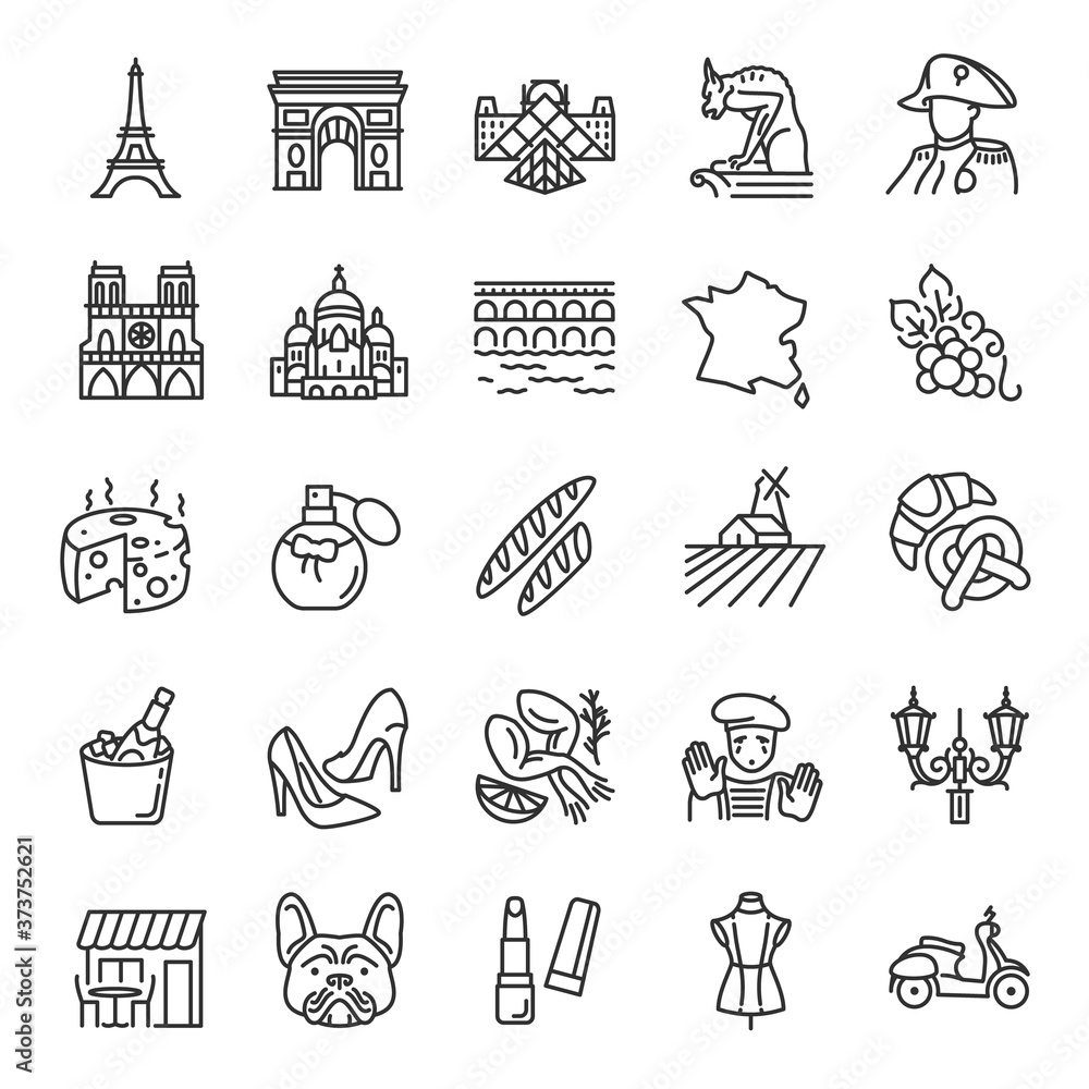 France, icon set. French traditions, landmark, clothing, buildings, linear icons. Line with editable stroke - obrazy, fototapety, plakaty 