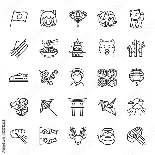 Japan, icon set. Japanese traditions, landmark, clothing, buildings, linear icons. Line with editable stroke
