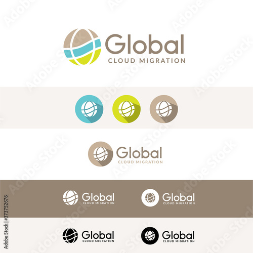 Data migration business branding kit, flat globe icon logo
