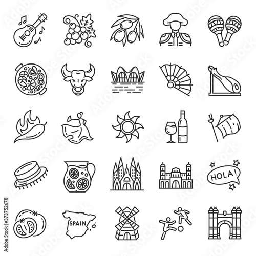 Spain, icon set. Spanish traditional holidays, landmark, clothing, buildings, linear icons. Line with editable stroke
