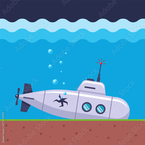 the submarine has crashed and is losing air through a hole in the ship's firmware. flat vector marine illustration.