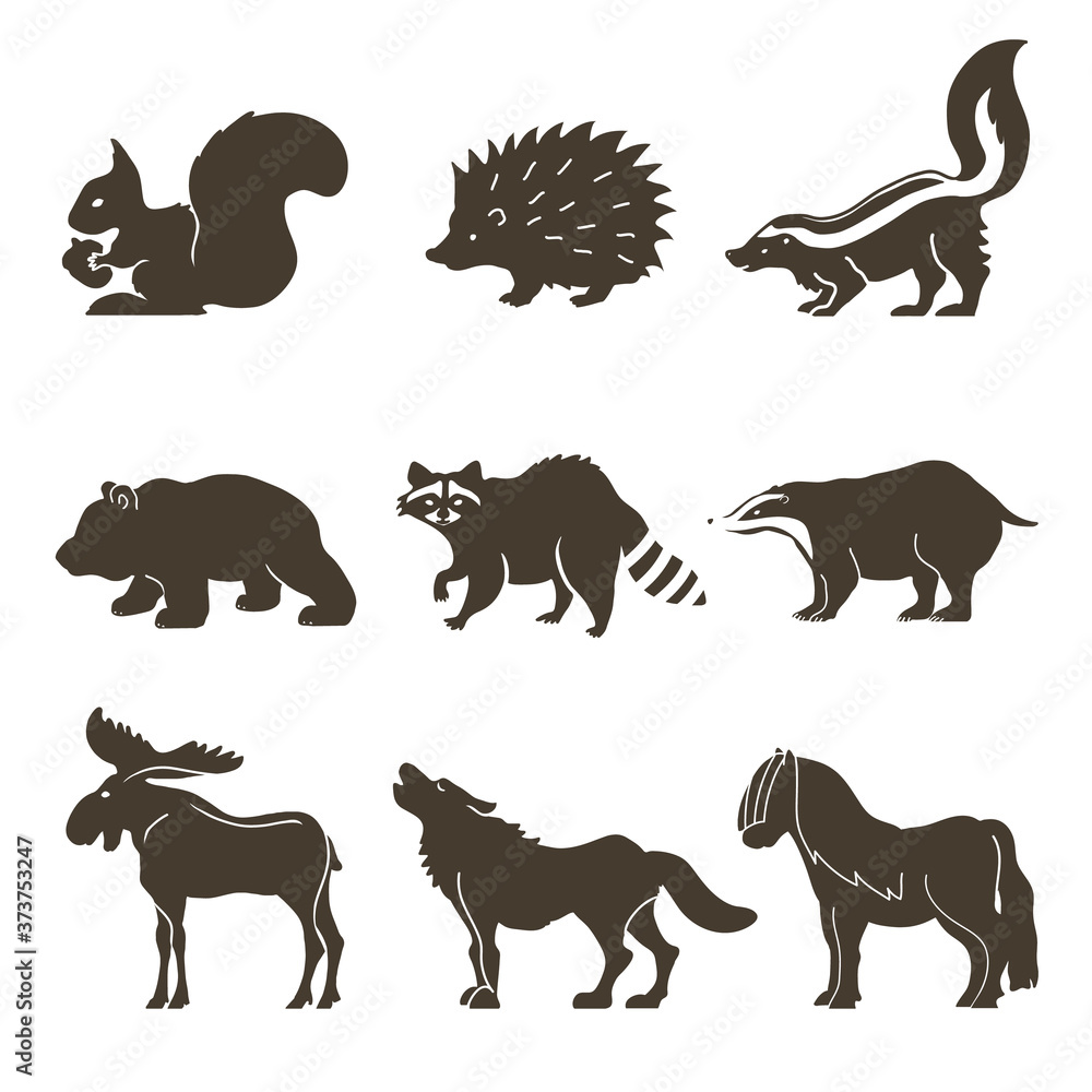 Woodland animal silhouette. Vector icons: bear, raccoon, hedgehog