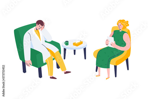 Overworked doctor sitting in the chair with the psychologist. Psychotherapy session for doctor with depression. Treatment of stress, burnout, dispiritedness and mental problems. Doctor as a patient.
