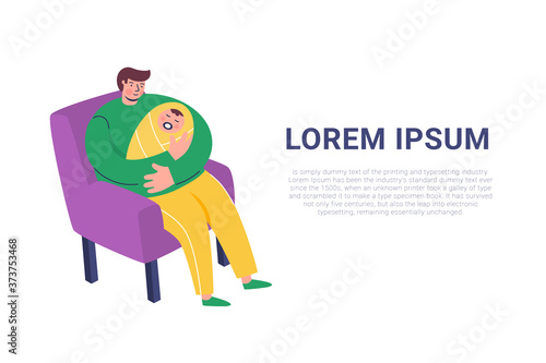 Young father in a chair with beautiful little baby in his arms. Happy Fathers' day card. Father love. Dad holding his newborn baby. Baby lying on father's arm. Father caring for his baby. Vector

