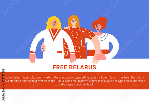 Belarus election. Women form solidarity chains to condemn crackdown. Women protesters in Belarus. Three girl holding a white red flag. Revolt in Belarus. Groups of women dressed in white. Freedom.
