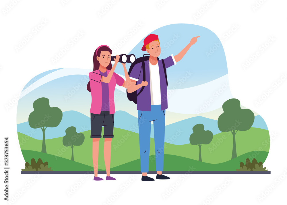 tourists couple standing with binoculars on the camp characters tourists couple standing with binoculars on the camp characters