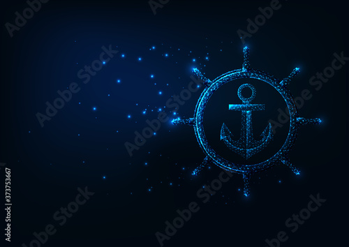Futuristic sea adventure concept with glowing low polygonal ship wheel and anchor