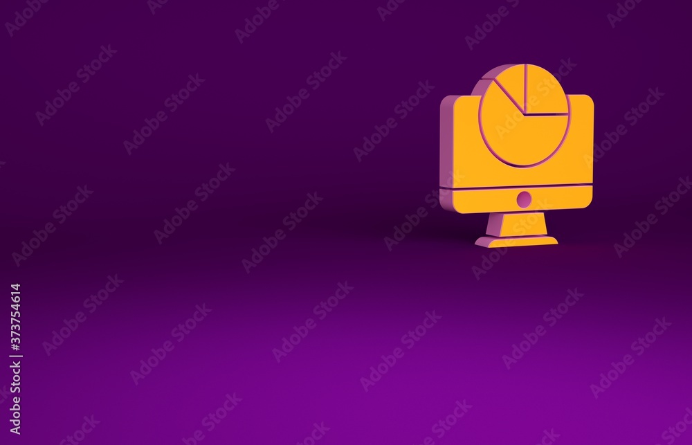 Orange Computer monitor with graph chart icon isolated on purple