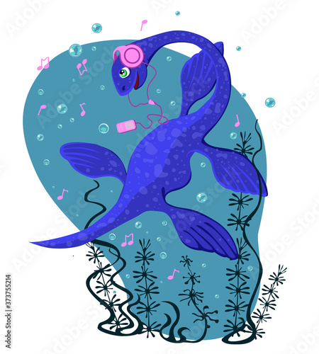 Plesiosaurus with headphones listening to music. An aquatic dinosaur with a long neck. Cartoon illustration.