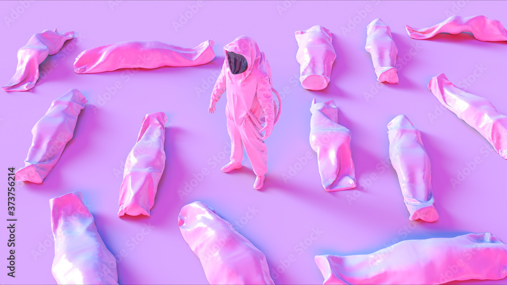 Pink Corona Virus Hazmat NBC Suit with Body Bags Cadaver Pouch Human Remains 3d illustration 3d render