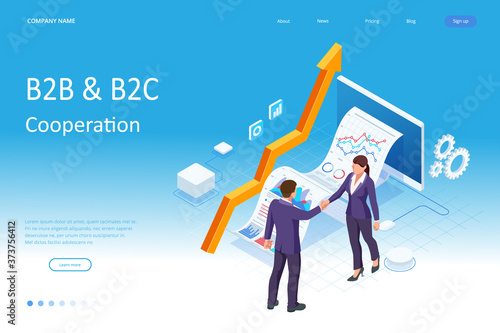 Isometric Business to Business Marketing, B2B Solution, business marketing concept. Two business partners shaking hands.