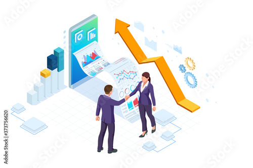 Isometric Business to Business Marketing, B2B Solution, business marketing concept. Two business partners shaking hands. © Golden Sikorka