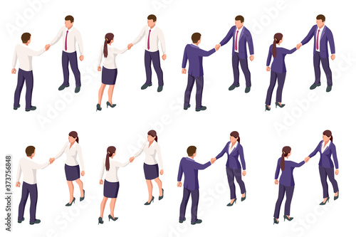 Isometric Business to Business Marketing, B2B Solution, business marketing concept. Two business partners shaking hands.