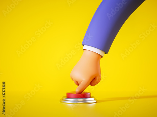 Photography 3d render, cartoon hand in blue sleeve pushes the red alert button isolated on yellow background