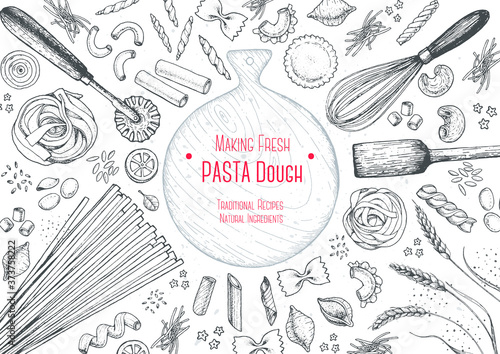 Italian pasta top view frame. Hand drawn vector illustration. Collection of pasta different types. Italian food design template. Engraved sketch style.