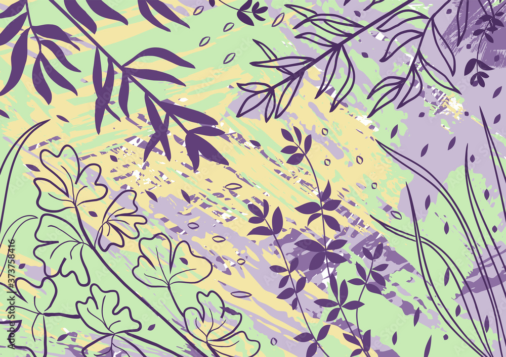 Hand drawn texture with leaves, branch and plants. Abstract natural elements in trendy doodle style for holiday. Contemporary modern trendy vector banner, background, template, greeting card. Hand drawn texture with leaves, branch and plants. Abstract natural elements in trendy doodle style for holiday. Contemporary modern trendy vector banner, background, template, greeting card.