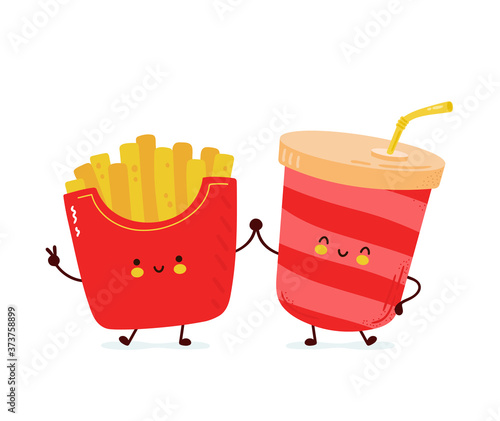 Cute happy french fries and soda water
