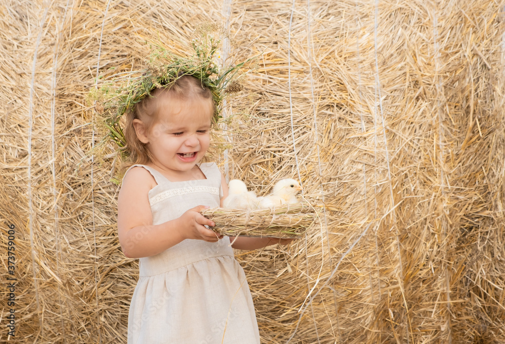 happy child girl in linen dress smiling with fluffy baby chicks in nest. happy child girl in linen dress smiling with fluffy baby chicks in nest.