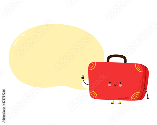 Cute happy suitcase character with speech bubble