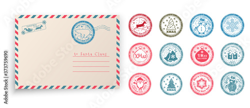 Christmas stamps envelope. Santa Claus full length and other christmas items