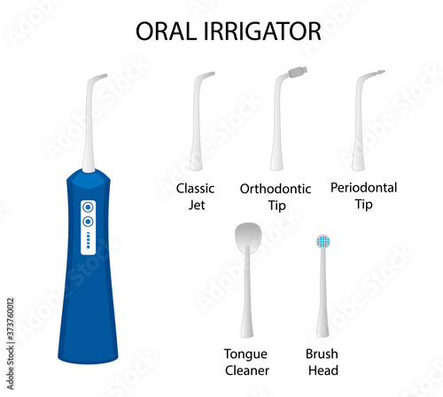 Oral Irrigator with different types of nozzles. Portable home water flosser. Flat style. Vector isolated